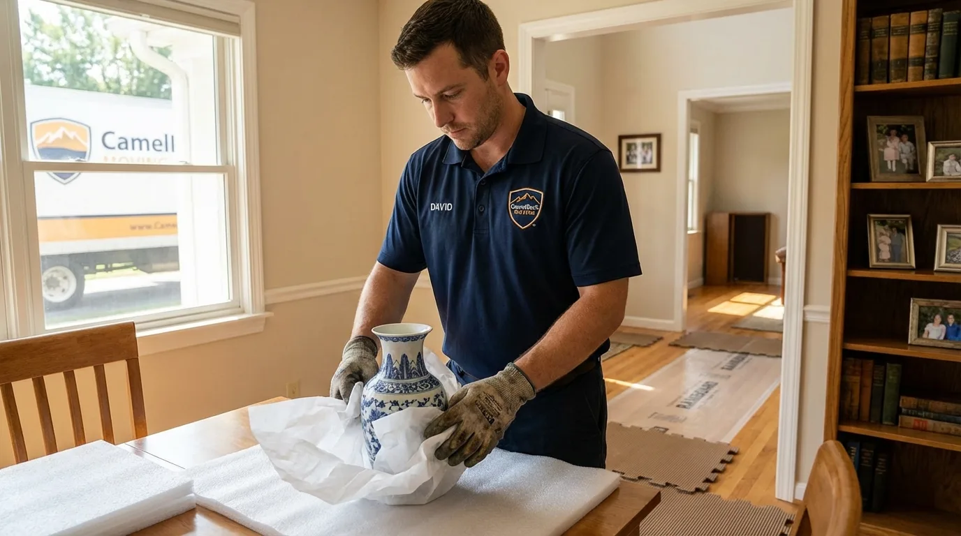 Professional crew carefully wrapping antique vase for senior downsizing move in Black Diamond, WA